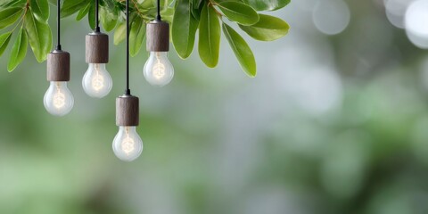 close-up of hanging light bulbs with wooden accents on green leaves and a blurred background.