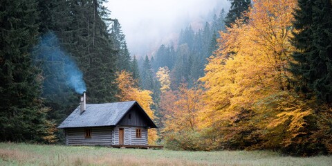 a wooden cabin in the middle of an autumn forest, with smoke coming out from its chimney and beautiful colors