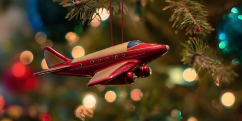 closeup of an airplane shaped christmas tree ornament hanging on the tree, with a bokeh background.