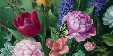 close-up of peonies, tulips, and hyacinths in an oil painting on canvas, with a butterfly on the petals, against a green background.