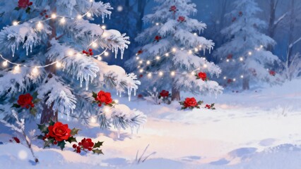 Snowy Christmas Trees with Lights