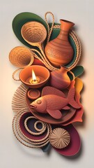 Minimalist 3D abstract art of Bengali culture with traditional clay lamps and pots