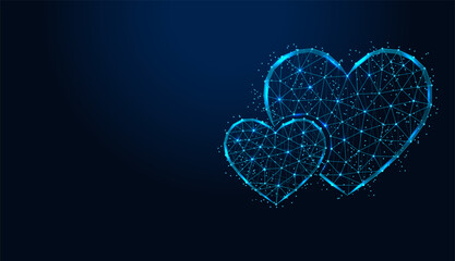 Low poly wireframe two hearts on dark blue background.