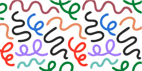 Colorful abstract pattern of hand-drawn squiggly lines and spiral doodles on a white background.
