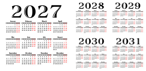 A set calendar templates for a year 2027 - 2031.
