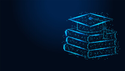 Low poly wireframe graduation cap on stack of books on dark blue background.