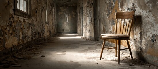 Abandoned hallway with a single chair in the light.