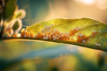 Insect eggs on green leaf macro detail