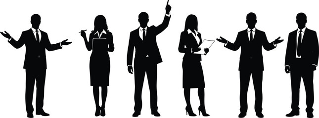 Obraz premium Business professionals silhouettes standing and presenting isolated on white background representing teamwork leadership communication corporate diversity success