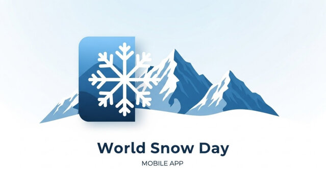 World snow day mobile app logo with snowflake and mountain range on white background