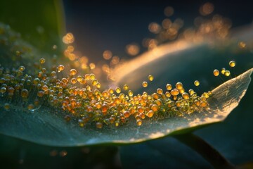 Macro close up of dew drops on leaf