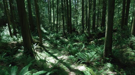Tall coniferous trees tower above a dense undergrowth of ferns on the shaded forest floor.