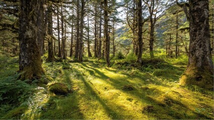 Fototapeta premium Sunlight streams across the mossy floor of a dense temperate woodland