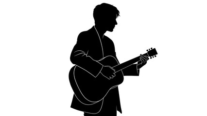Silhouette of a musician wearing a suit standing and concentrating while playing an acoustic guitar with a focused expression against a white background