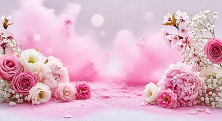 Abundant pink and white blossoms rest upon a vibrant cloud of fine colored powder