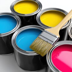 Paint cans and brush in bright colors