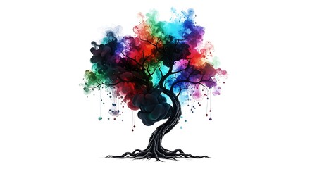 Stylized tree structure emerges from dark roots with vibrant, colorful ink diffusion at its crown