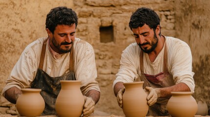 Two men shaping clay pots by hand, working together outdoors in a rustic, earthy setting.