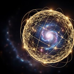 Glowing network sphere encapsulates a spiral galaxy within deep space