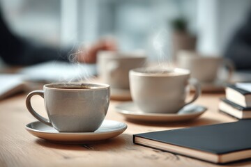Warm Coffee Cups on Wooden Table with Blurry Background and Notebooks