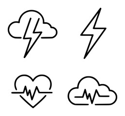 Black line of a lightning bolt in a cloud a standalone lightning bolt a heart with a heartbeat line and a cloud with a