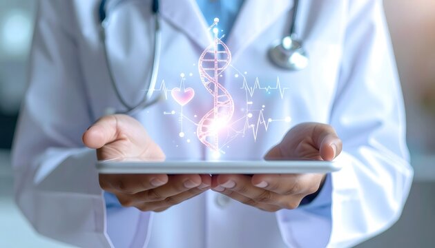 Doctor holding tablet showing dna helix medical data - Powered by Adobe