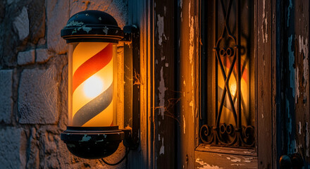 Illuminated barber pole glows, casting light on a weathered exterior. Reflected light in a wrought-iron window. Evening scene