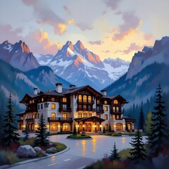 Mountain Hotel Exterior &ndash; Oil Art Landscape