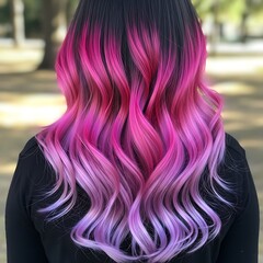 Person displays long, wavy hair featuring a vibrant ombr? color transition from dark roots to bright pink and lavender ends
