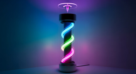 A cylindrical structure with spiraling neon lights, emanating from a base, and topped with a circular glow, casting colorful shadows