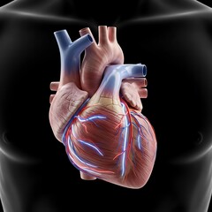 Detailed human heart anatomy visualization displayed over a dark silhouette of a torso