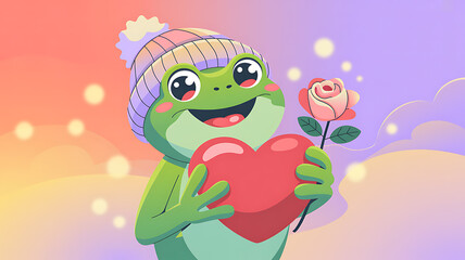 Obraz premium a cheerful green frog wearing a striped hat lovingly holds a red heart and a pink rose radiating joy and