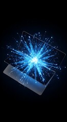 Digital data explosion emanates from an open electronic portable computer against a dark background