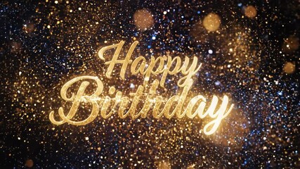 Elegant golden 3d text happy birthday celebration greeting card design with sparkling glitter and bokeh effect on dark background