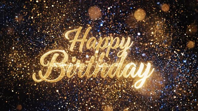 Elegant golden 3d text happy birthday celebration greeting card design with sparkling glitter and bokeh effect on dark background