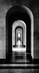 Naklejka premium A black and white view of an arched hallway