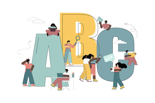 Education. Language learning. Online learning. People learning languages. Letters A B C. Vector flat illustration.