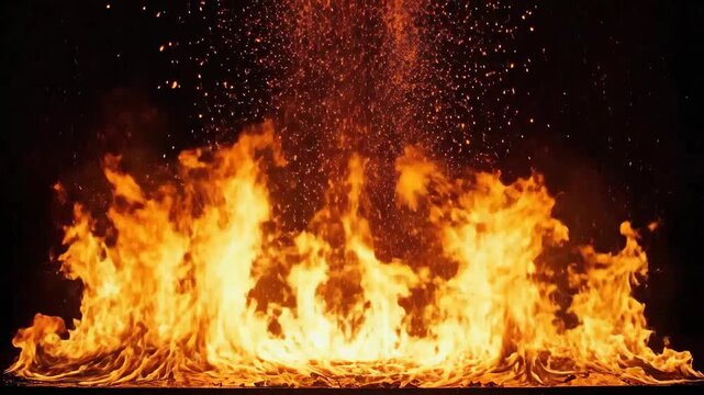 Burning fire with sparks on a black background showing the power of nature.