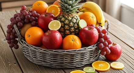 Abundant assortment of colorful fresh produce fills a woven container resting on weathered wooden surface