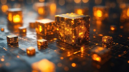 Abstract rendering of glowing golden cubes on a circuit board, blurred background, futuristic feel