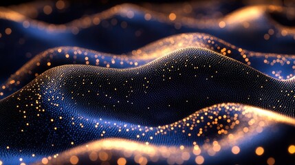 Abstract digital art of undulating, shimmering waves with blue and golden hues