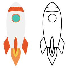 Rocket vector icon set. Simple outline rocket sign. Flat icon. Cartoon spaceship isolated on a white. Rocket Vector Illustration. 