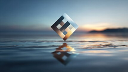 Abstract Geometric Shape Floating Above Water at Sunset.