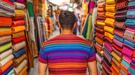A man in a colorful striped shirt walks through a vibrant textile market lined with bright, patterned fabrics.