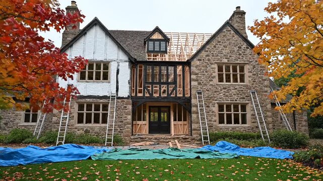 Tudor style house undergoing exterior renovation with scaffolding and autumn foliage in the background