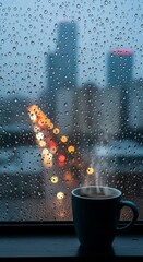 Steaming beverage rests on a ledge against a city view obscured by rain droplets on glass