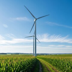 Tall wind energy generators stand amidst vibrant green fields under a clear blue sky