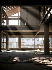 Interior building construction with natural light and suspended bulb, shadows
