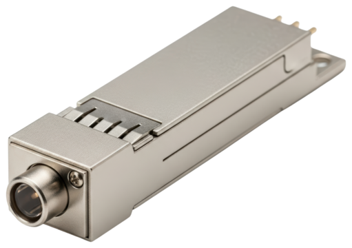 Metal electronic component for fiber optic network connection on a transparent background - Powered by Adobe