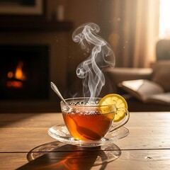 Hot steeped beverage with lemon slice emits visible steam beside a warm fire